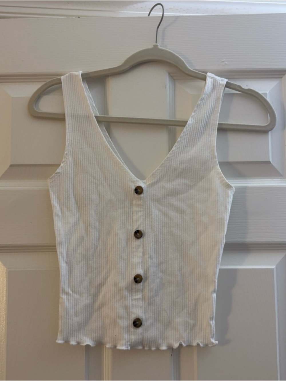 Caution To The Wind White Ribbed Ruffle Bottom Button-Down Tank Top
